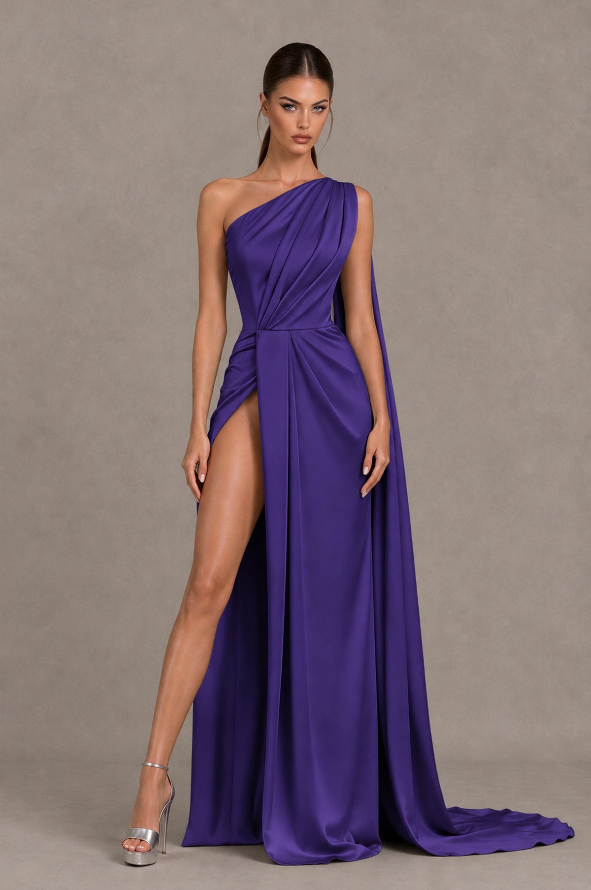 BOLODOO Regency One Shoulder Satin Evening Dress with High Slit and Draped Cape Train - Regency - Regency_1