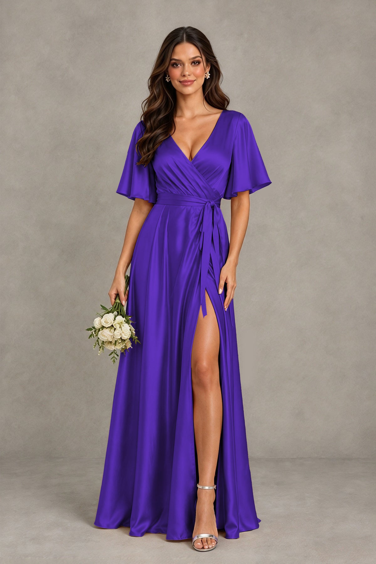 BOLODOO Regency Satin V-Neck Flutter Sleeve Bridesmaid Dress with Slit - Regency - Regency(1)