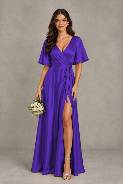 BOLODOO Regency Satin V-Neck Flutter Sleeve Bridesmaid Dress with Slit - Regency - Regency(1)