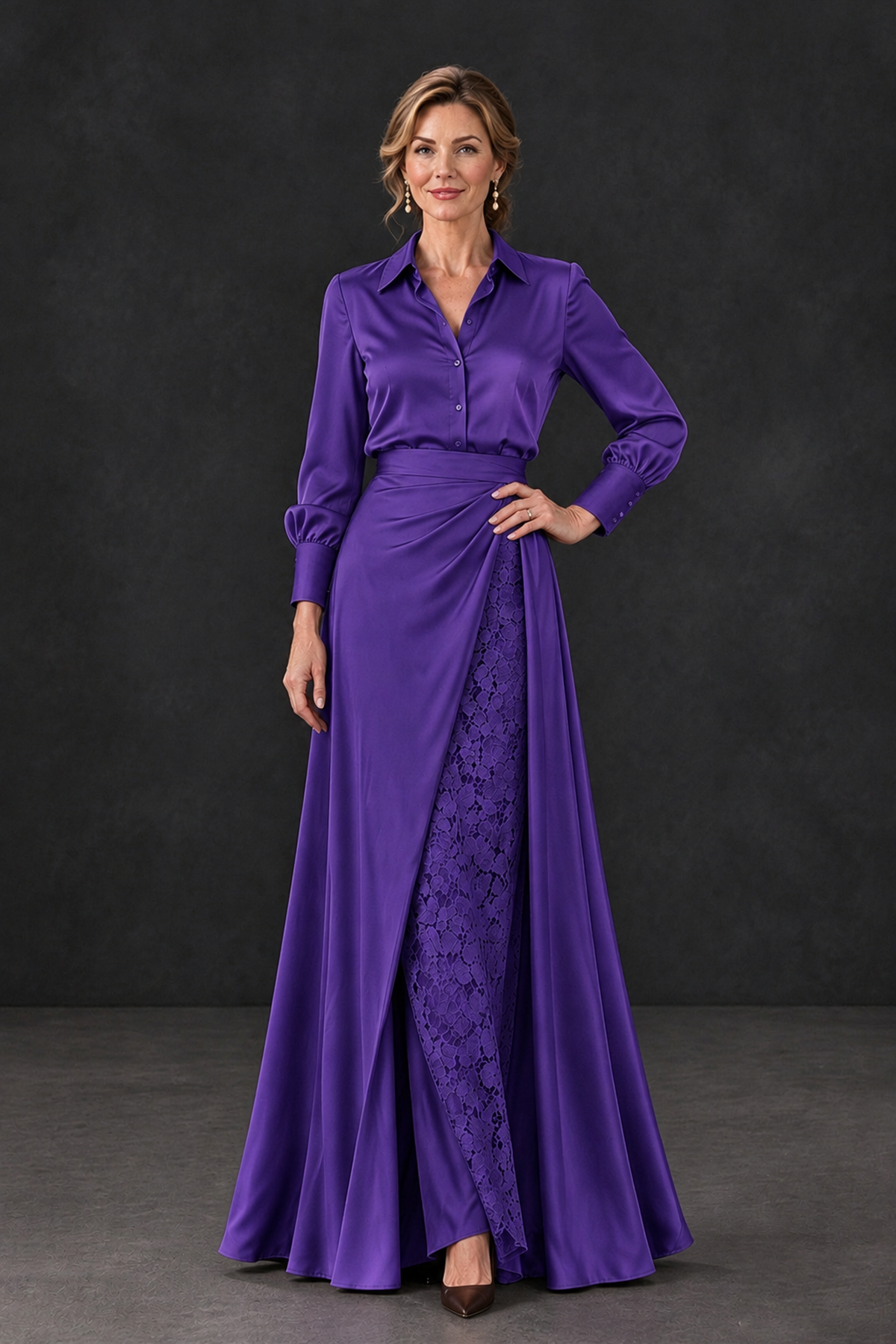 BOLODOO Regency Long Sleeve Satin-Look Lace Panel Gown - Regency - Regency_1