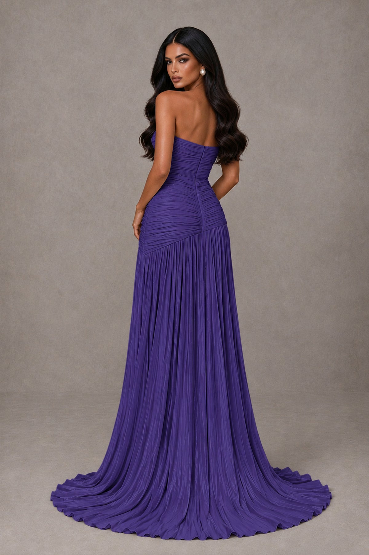 BOLODOO Regency Metallic Ruched Strapless Pleated A-Line Backless Maxi Dress with Train - Regency - Regency_2