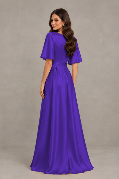 BOLODOO Regency Satin V-Neck Flutter Sleeve Bridesmaid Dress with Slit - Regency - Regency(2)