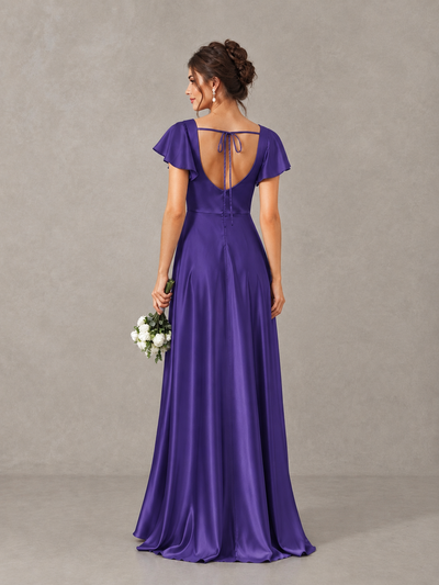 BOLODOO Regency Satin Square Neck Flutter Sleeve A-Line Bridesmaid Dress with Slit - Regency - Regency_2