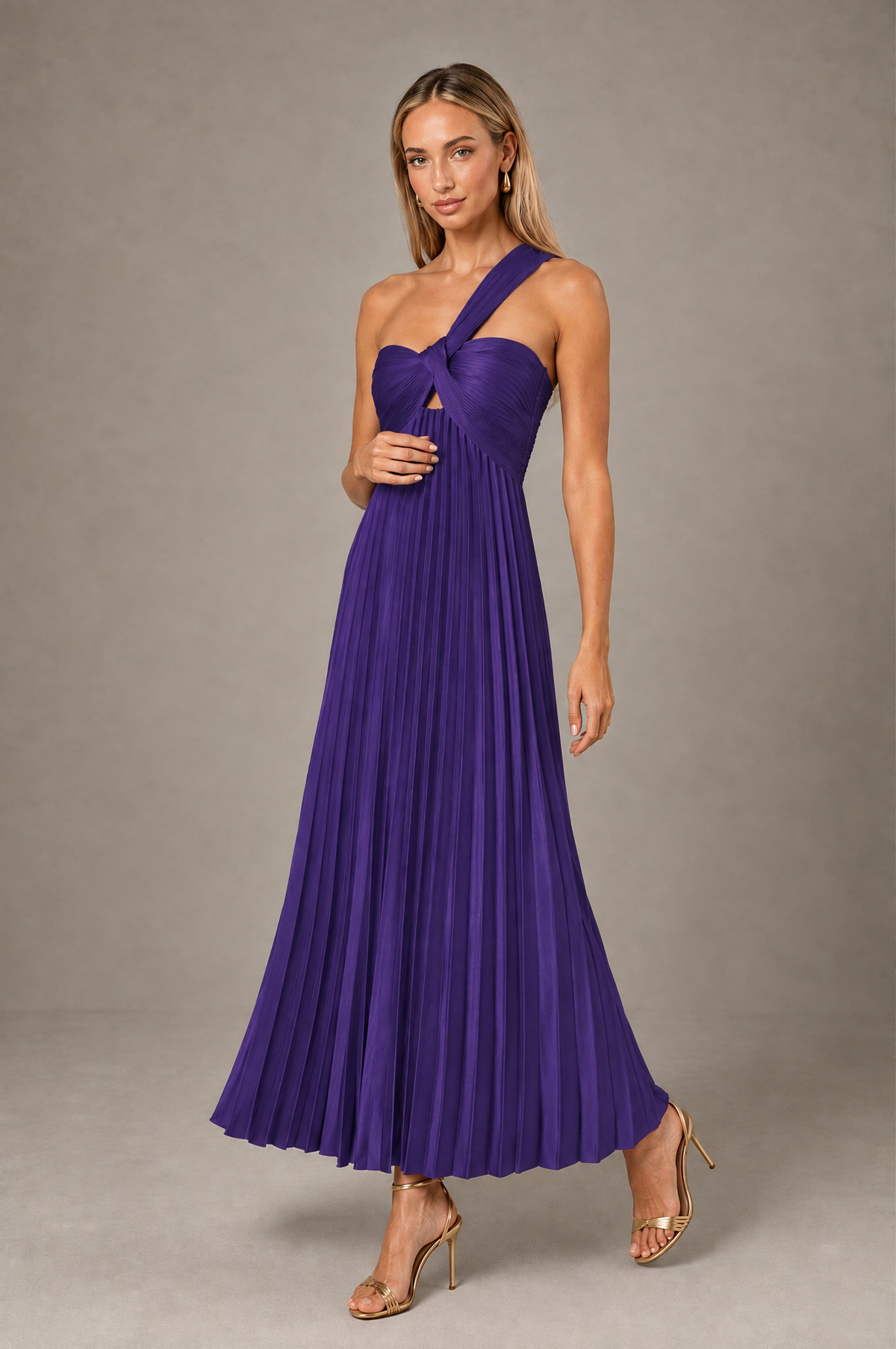 BOLODOO Regency One-Shoulder Twist Knot Pleated Satin Midi Dress with Cutout - Regency - Regency_3