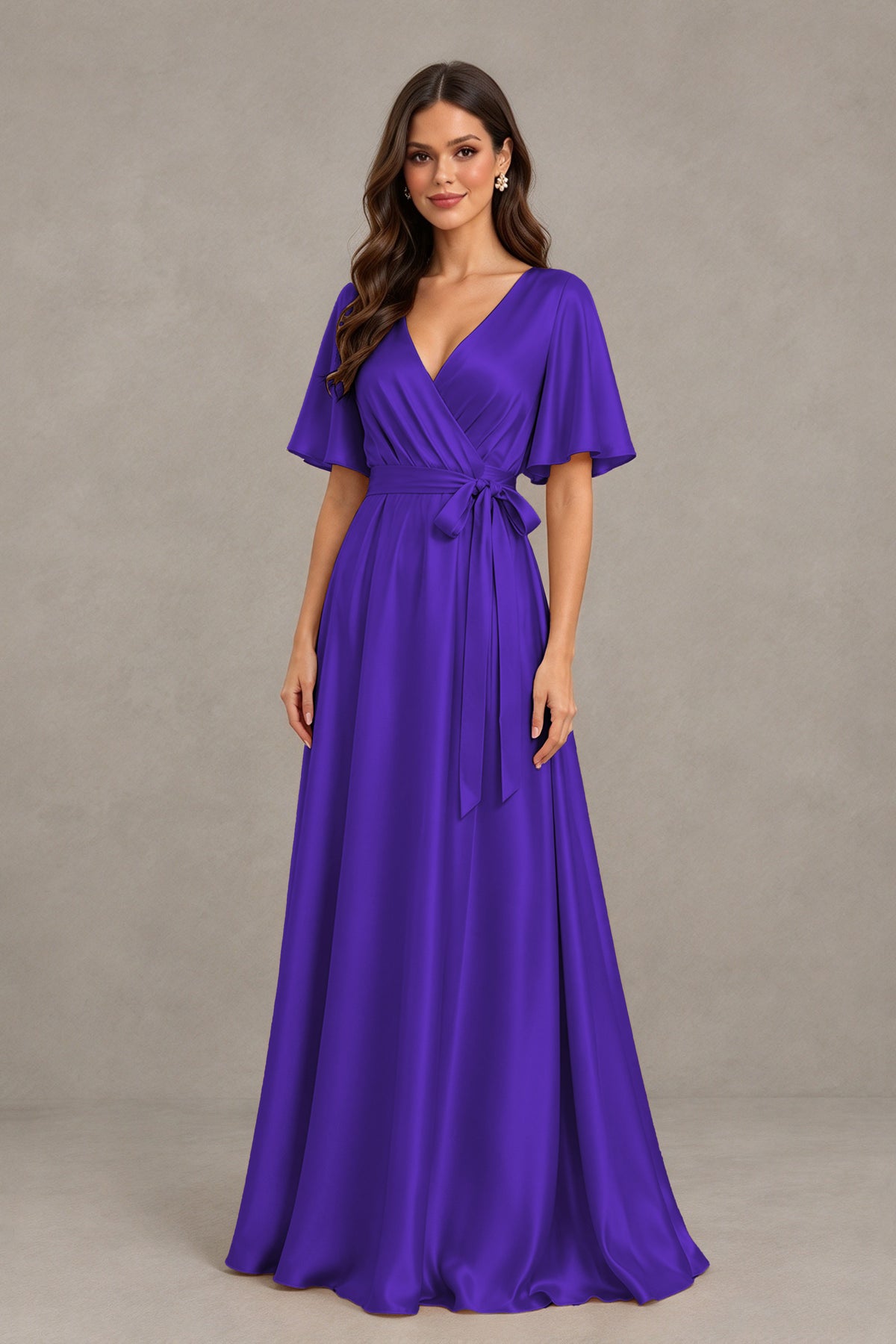 BOLODOO Regency Satin V-Neck Flutter Sleeve Bridesmaid Dress with Slit - Regency - Regency(3)