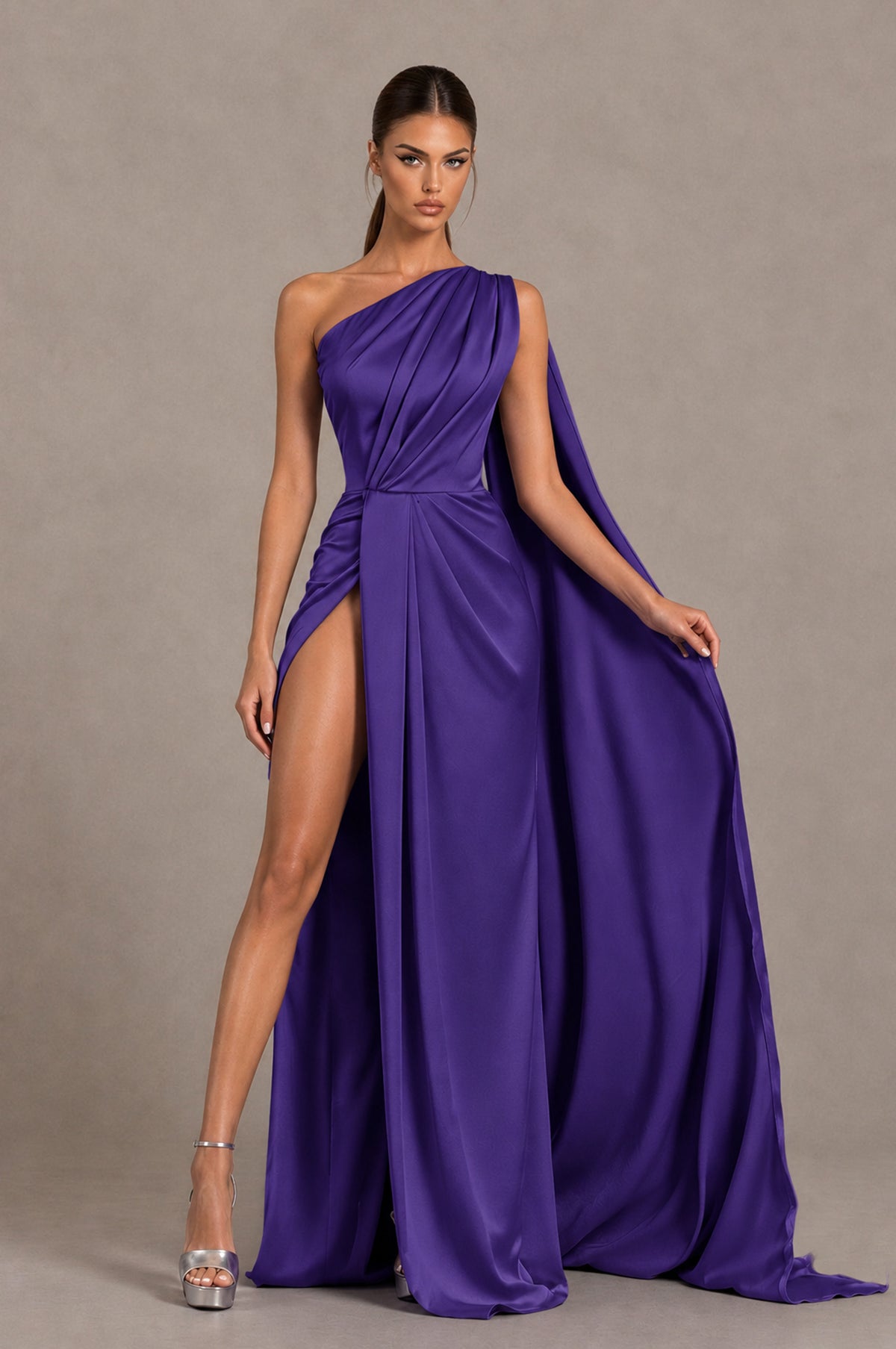 BOLODOO Regency One Shoulder Satin Evening Dress with High Slit and Draped Cape Train - Regency - Regency_3