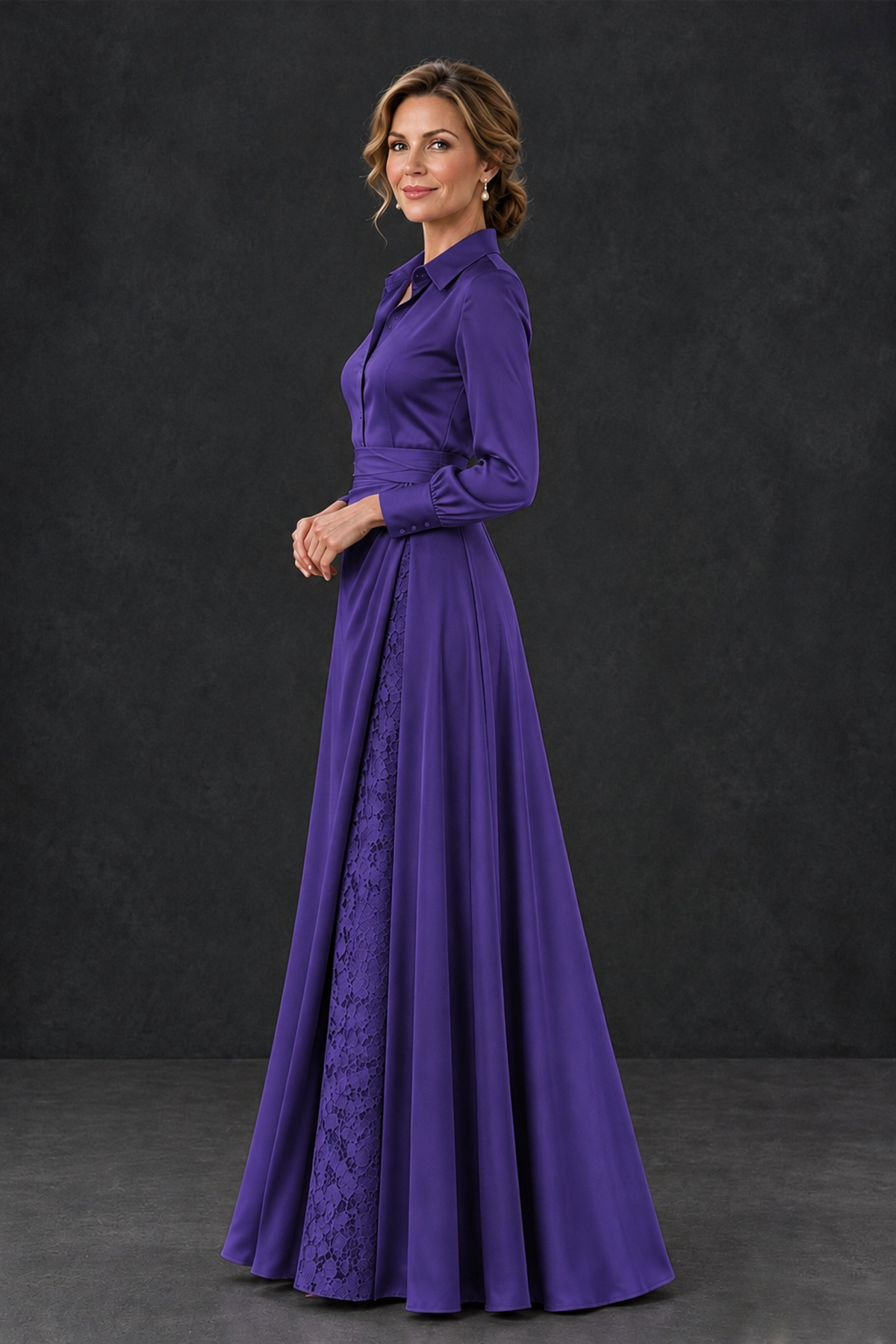 BOLODOO Regency Long Sleeve Satin-Look Lace Panel Gown - Regency - Regency_3