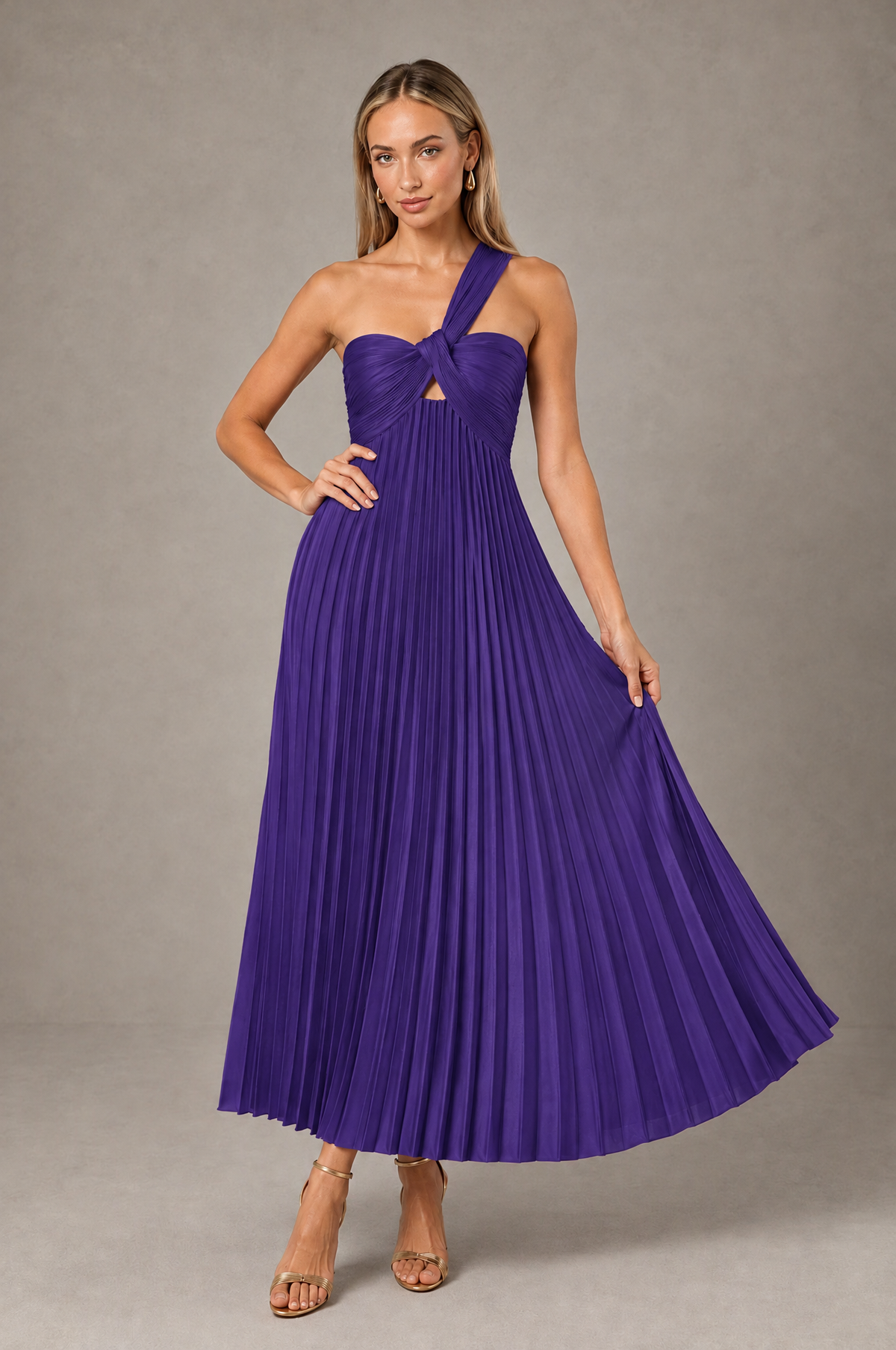 BOLODOO Regency One-Shoulder Twist Knot Pleated Satin Midi Dress with Cutout - Regency - Regency_4