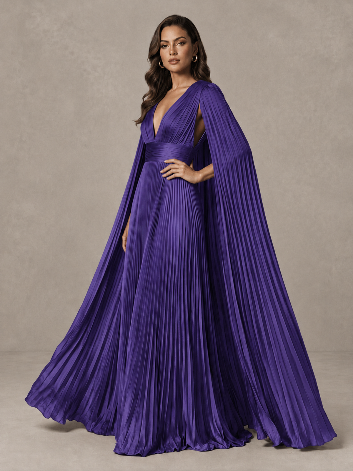 BOLODOO Regency Deep V-Neck Pleated Cape Sleeve Evening Gown - Regency - Regency_4
