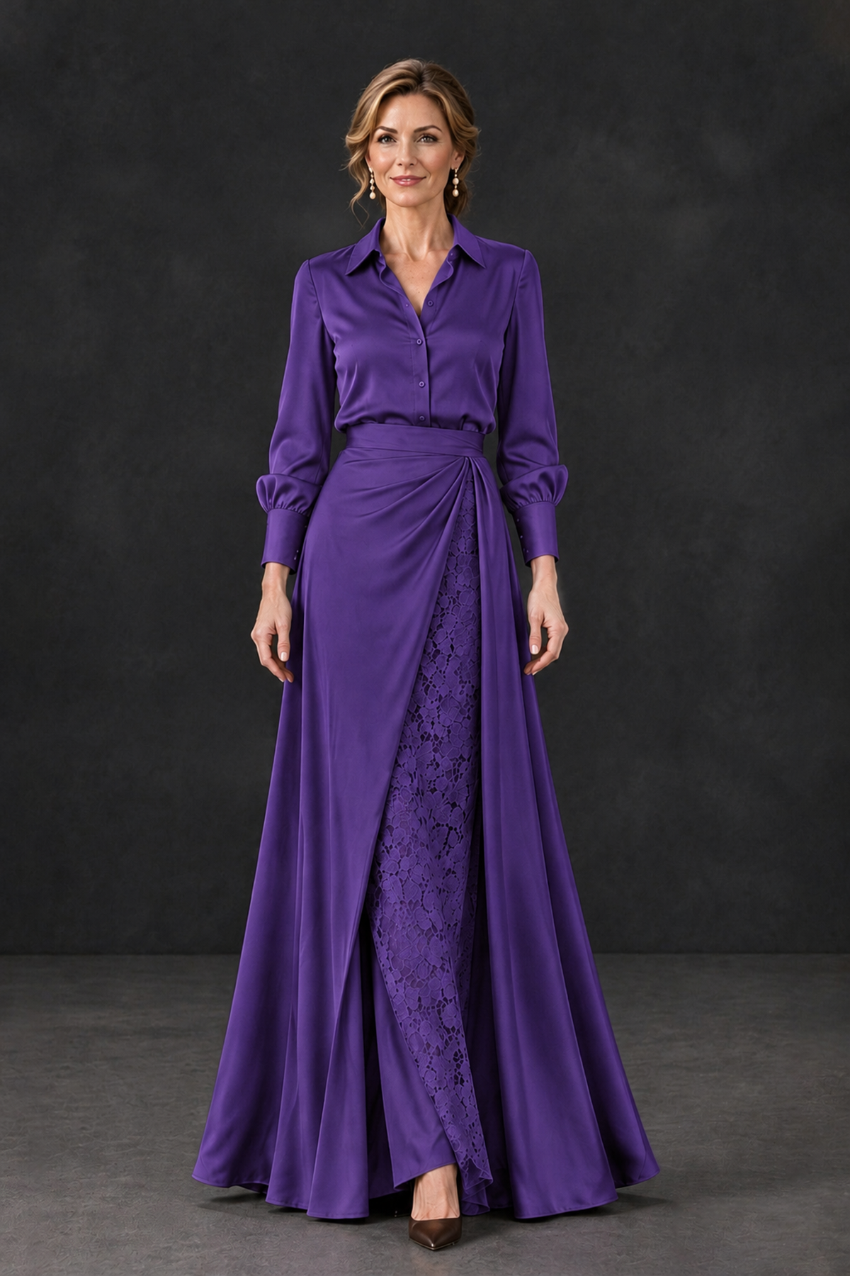 BOLODOO Regency Long Sleeve Satin-Look Lace Panel Gown - Regency - Regency_4