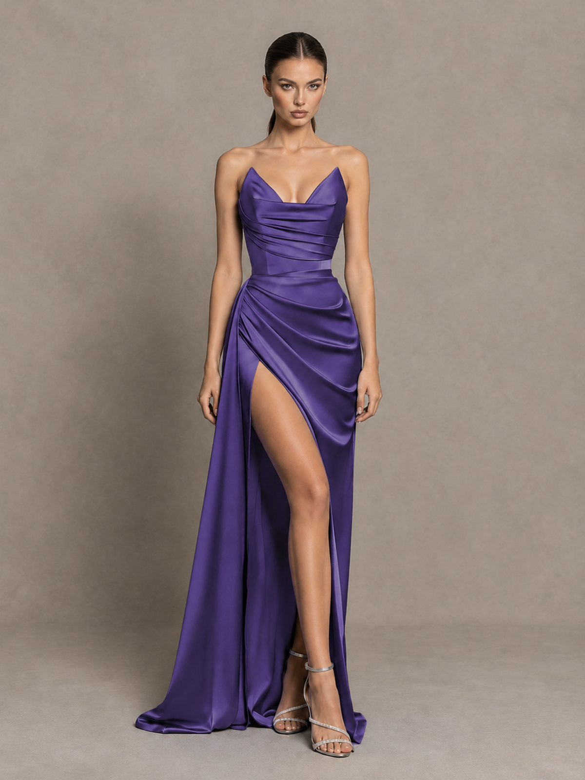 BOLODOO Regency Strapless Satin High-Slit Lace-Up Prom Dress 