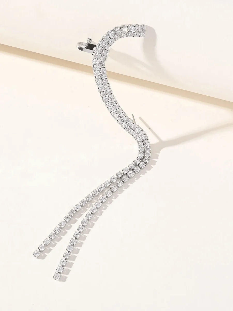 Rhinestones Silver Tassel Long Chain Earrings - BOLODOO