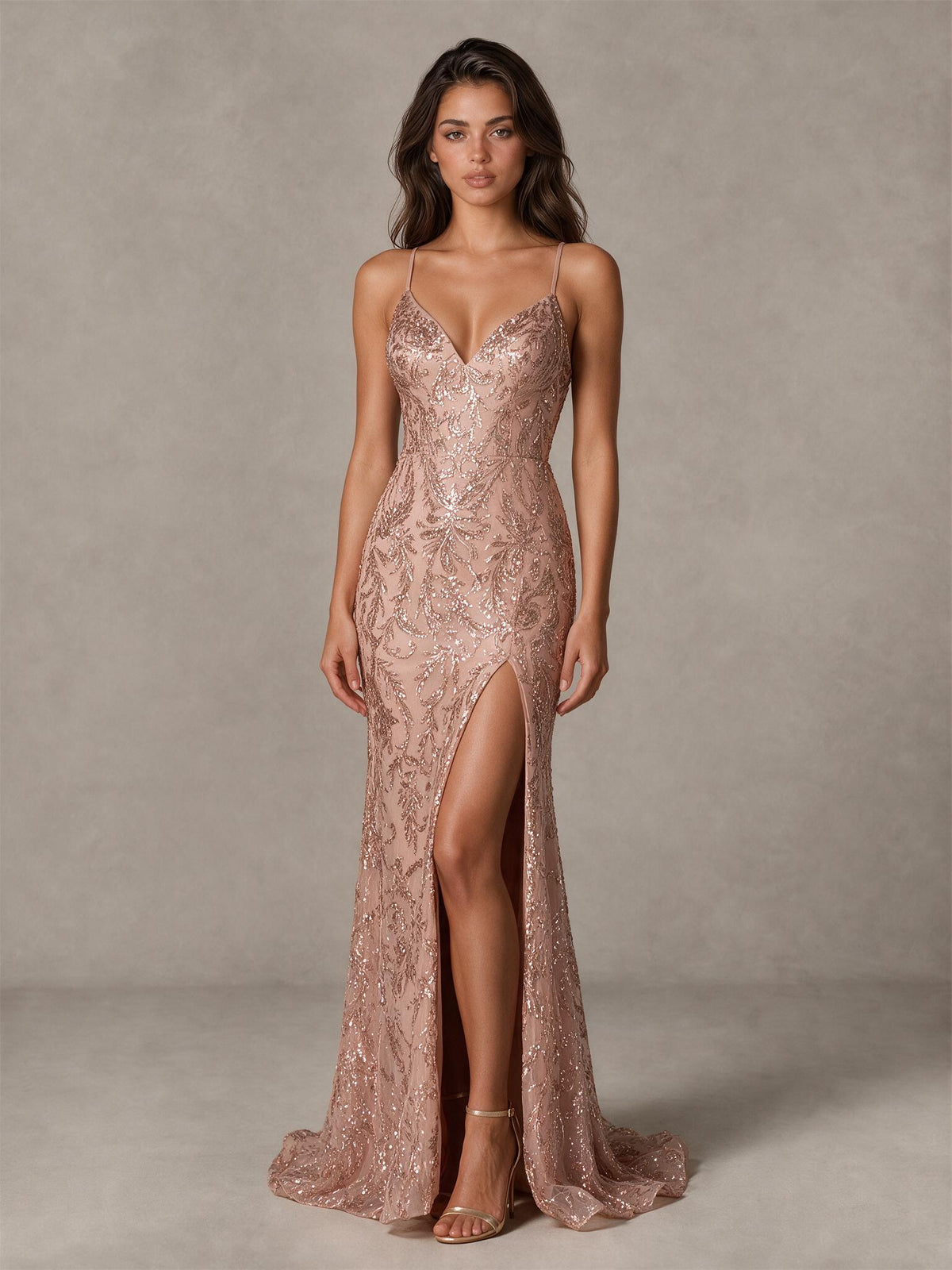 BOLODOO Rose Gold Sequin Prom Dress with Lace-Up Back and High Slit 