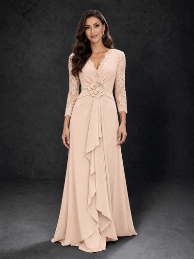 BOLODOO Rose Gold Lace Sleeve V-Neck Floral Waist Chiffon A-Line Maxi Dress 
