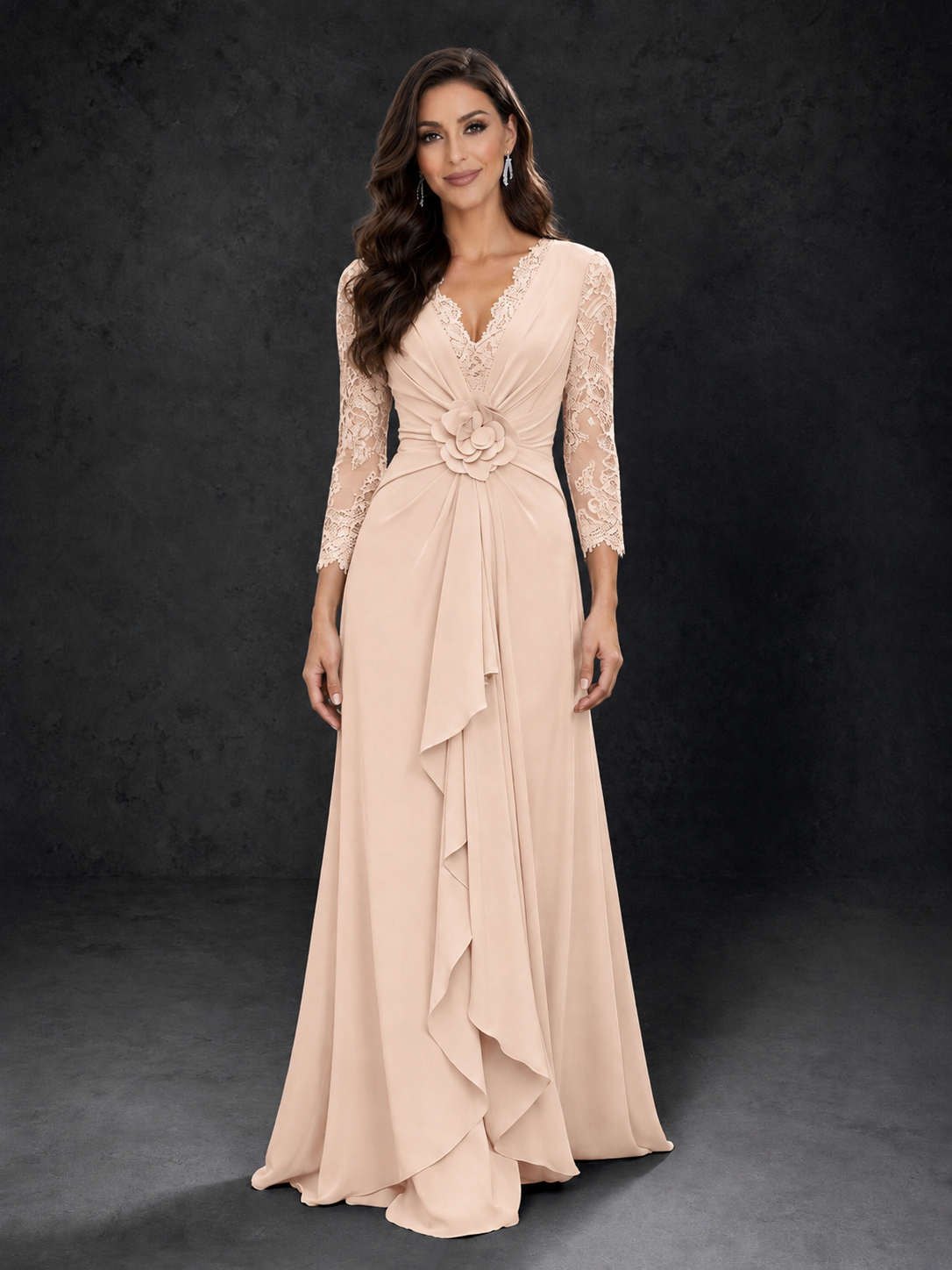BOLODOO Rose Gold Lace Sleeve V-Neck Floral Waist Chiffon A-Line Maxi Dress 