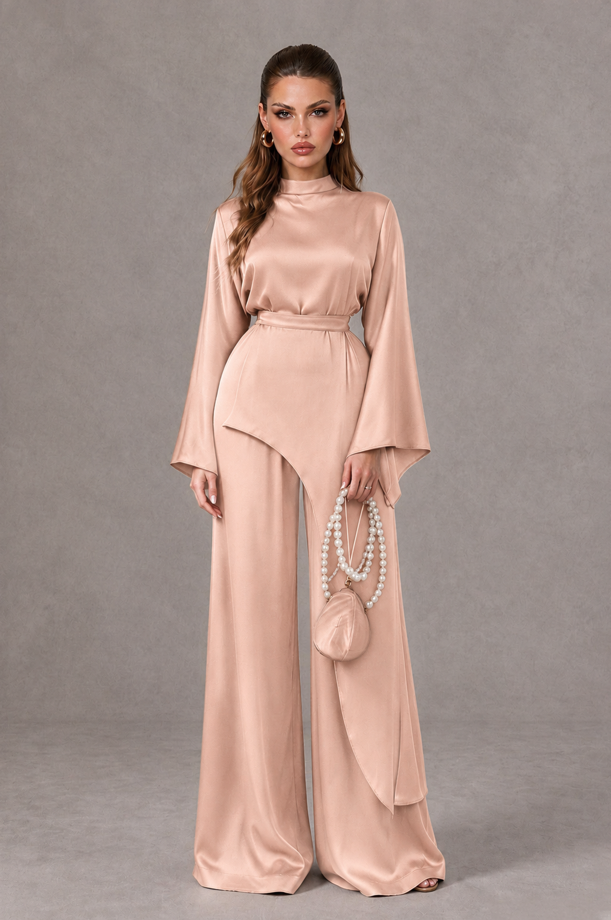 BOLODOO Rose Gold Satin-Look Long Sleeve Wide-Leg Jumpsuit - Rose Gold - Rose Gold_01
