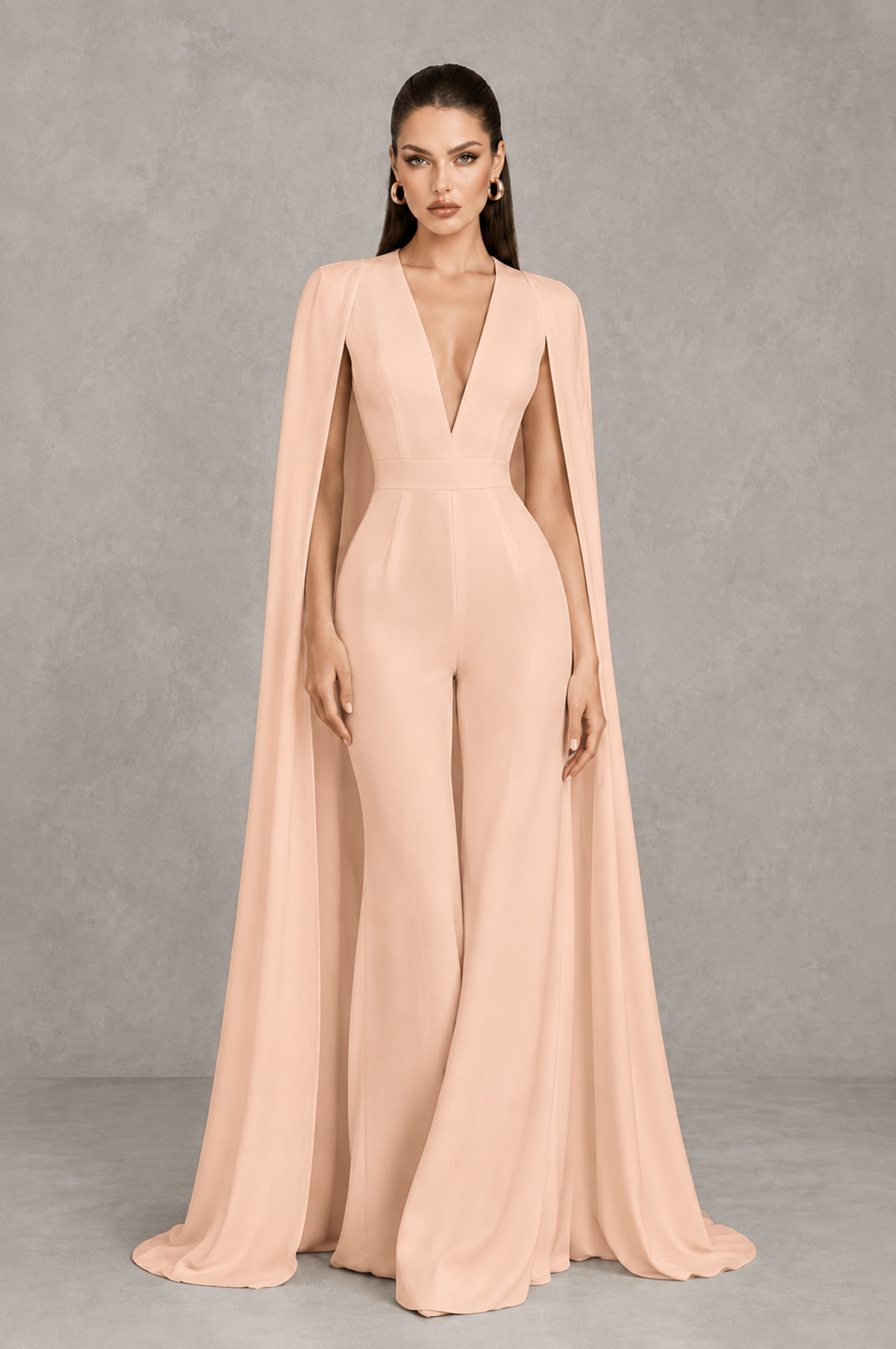 BOLODOO Rose Gold Deep V-Neck Cape Sleeve Bridal Jumpsuit - Rose Gold - Rose Gold_01