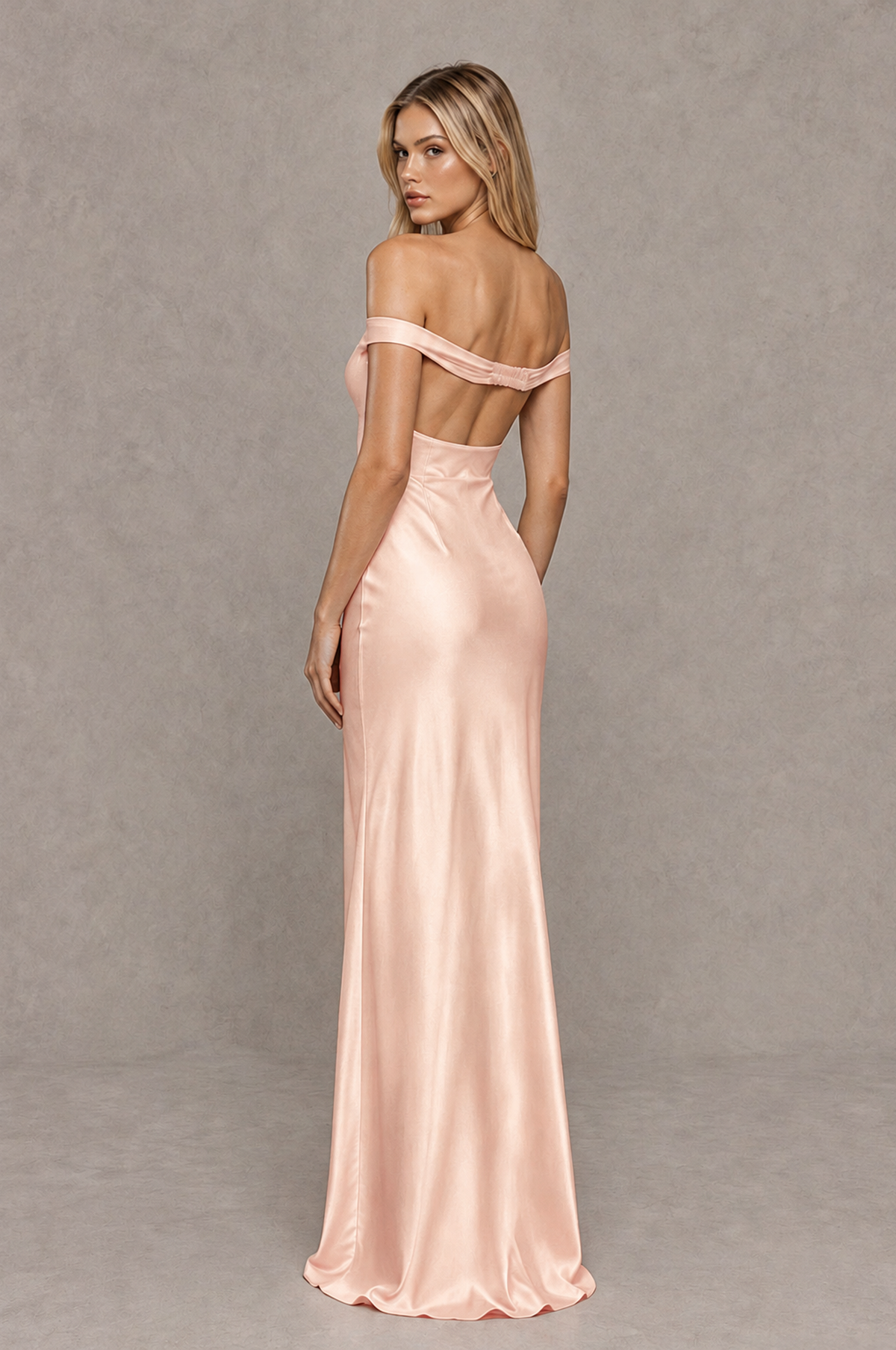 BOLODOO Rose Gold Off-Shoulder Open-Back Satin Evening Gown - Rose Gold - Rose Gold_02