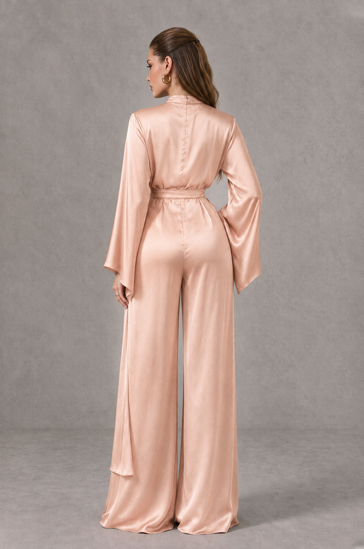 BOLODOO Rose Gold Satin-Look Long Sleeve Wide-Leg Jumpsuit - Rose Gold - Rose Gold_02