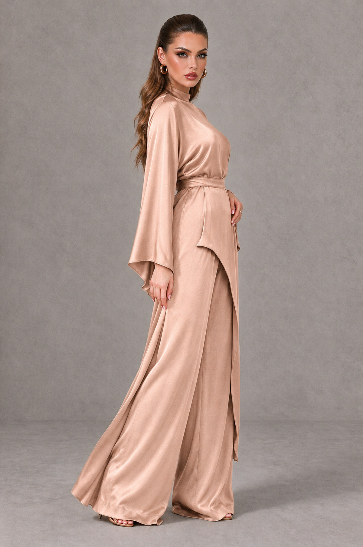 BOLODOO Rose Gold Satin-Look Long Sleeve Wide-Leg Jumpsuit - Rose Gold - Rose Gold_03