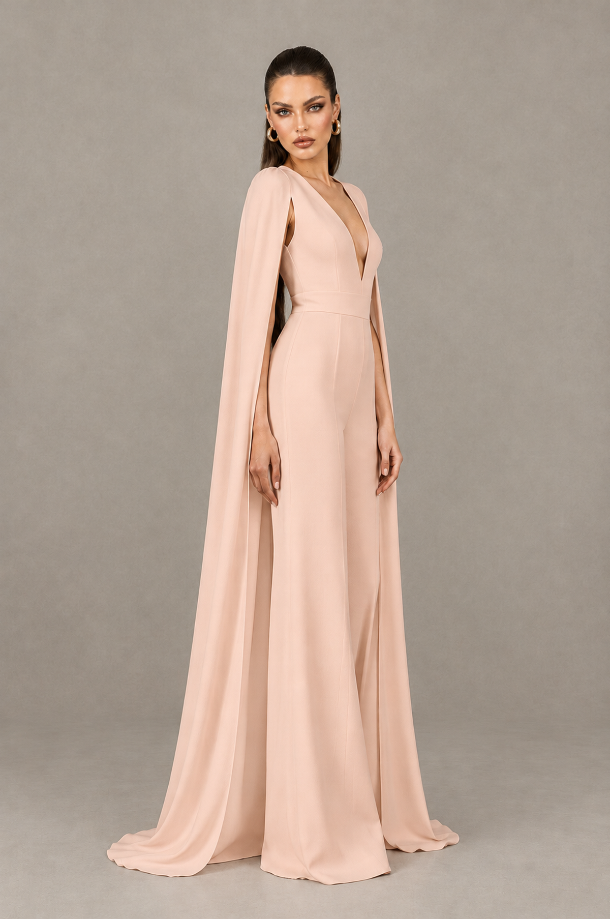 BOLODOO Rose Gold Deep V-Neck Cape Sleeve Bridal Jumpsuit - Rose Gold - Rose Gold_03