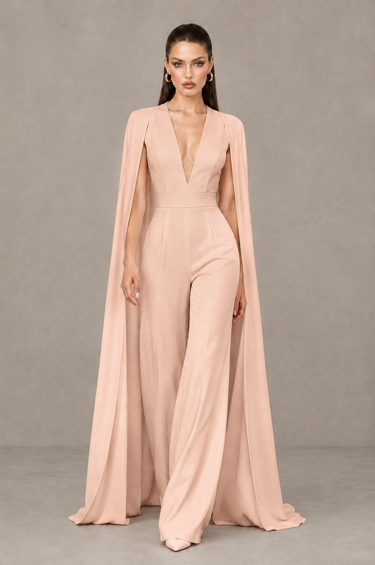 BOLODOO Rose Gold Deep V-Neck Cape Sleeve Bridal Jumpsuit - Rose Gold - Rose Gold_04