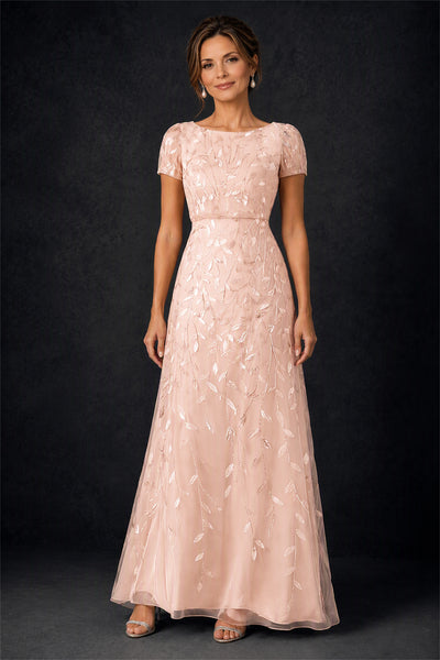 BOLODOO Rose Gold Leaf Embroidered A-Line Formal Gown with Cap Sleeves - Rose Gold