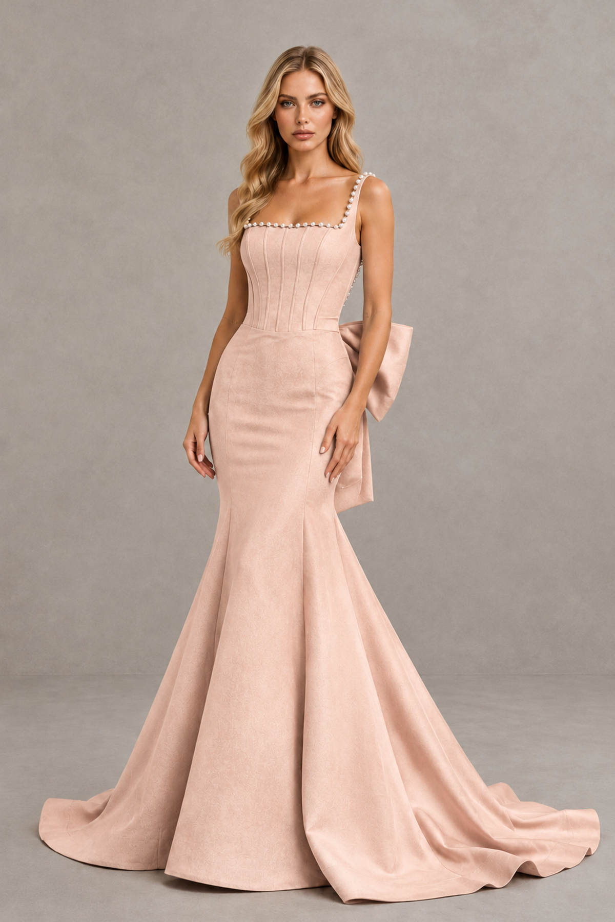 BOLODOO Rose Gold Pearl-Trim Mermaid Prom Dress with Back Bow - Rose Gold - Rose_Gold_1