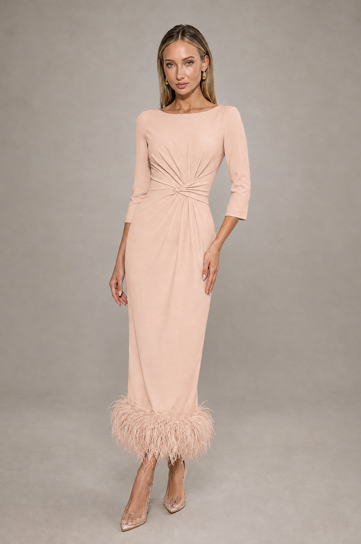 BOLODOO Rose Gold Feather-Trim Twist-Waist Midi Dress - Rose Gold - Rose_Gold_1