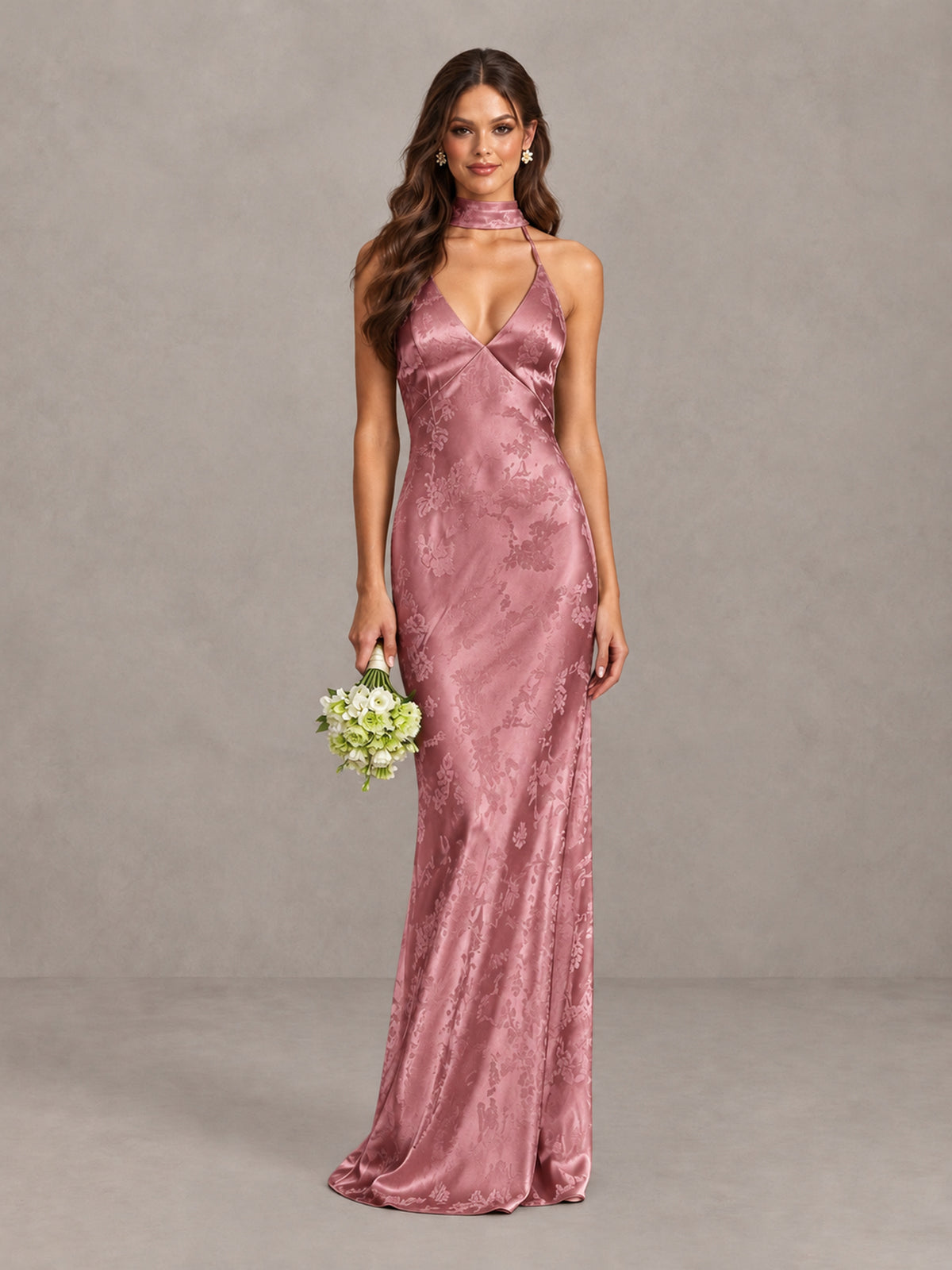 BOLODOO Rose Gold Floral Satin Open-Back Bridesmaid Dress - Rose Gold - Rose Gold_1