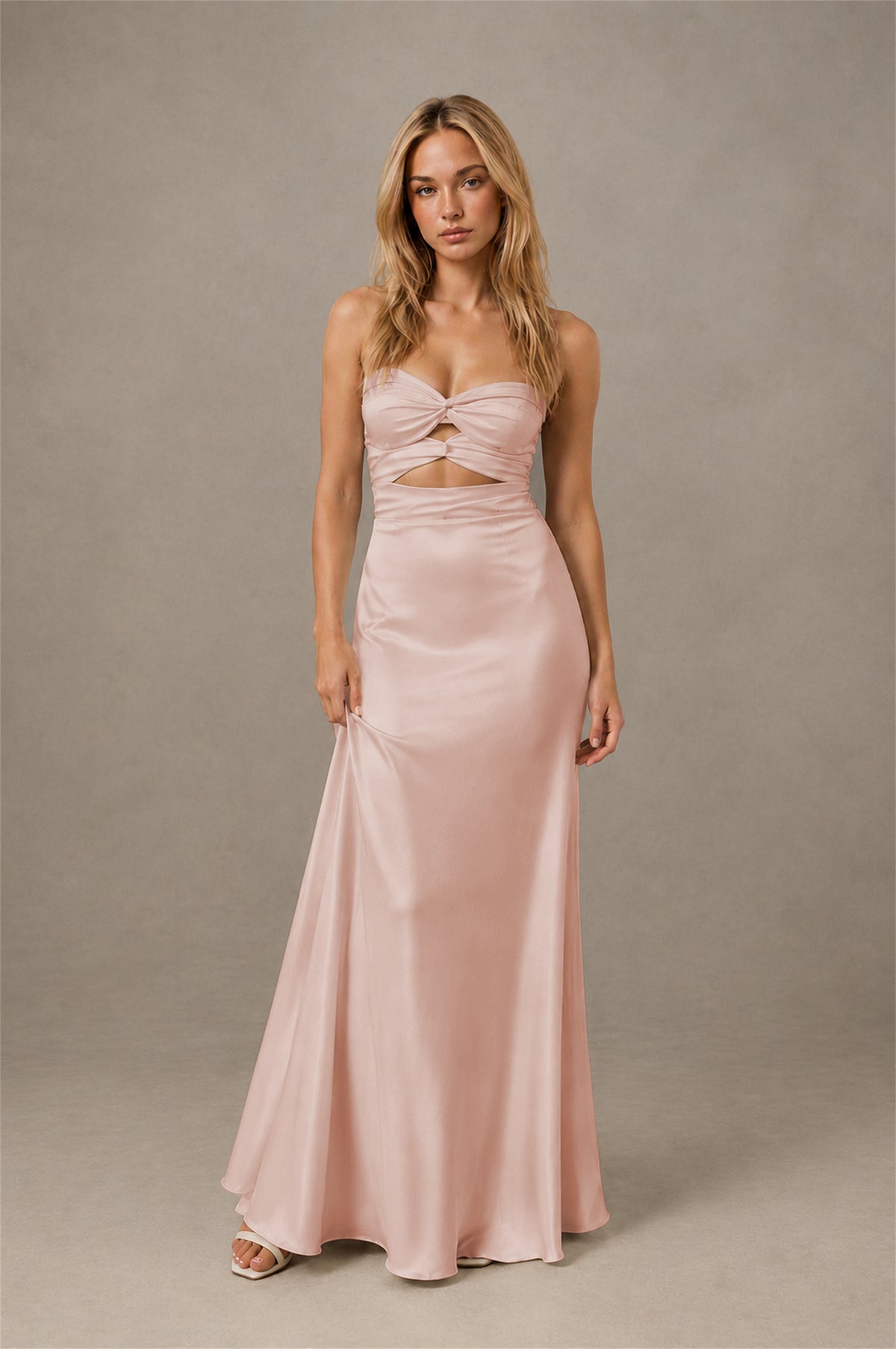 BOLODOO Rose Gold Sweetheart Strapless Twist Knot Cutout Lace-Up Back Satin Mermaid Maxi Dress - Rose Gold - Rose Gold(1)