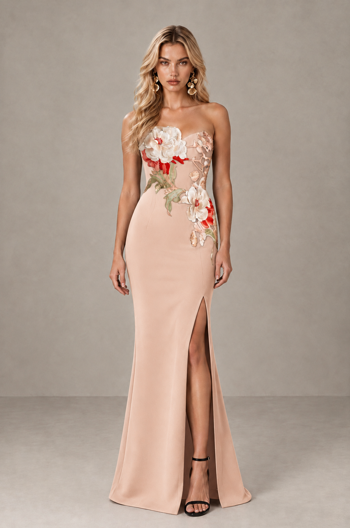 BOLODOO Rose Gold Strapless Floral Mermaid Evening Dress with Slit - Rose Gold - Rose_Gold_1