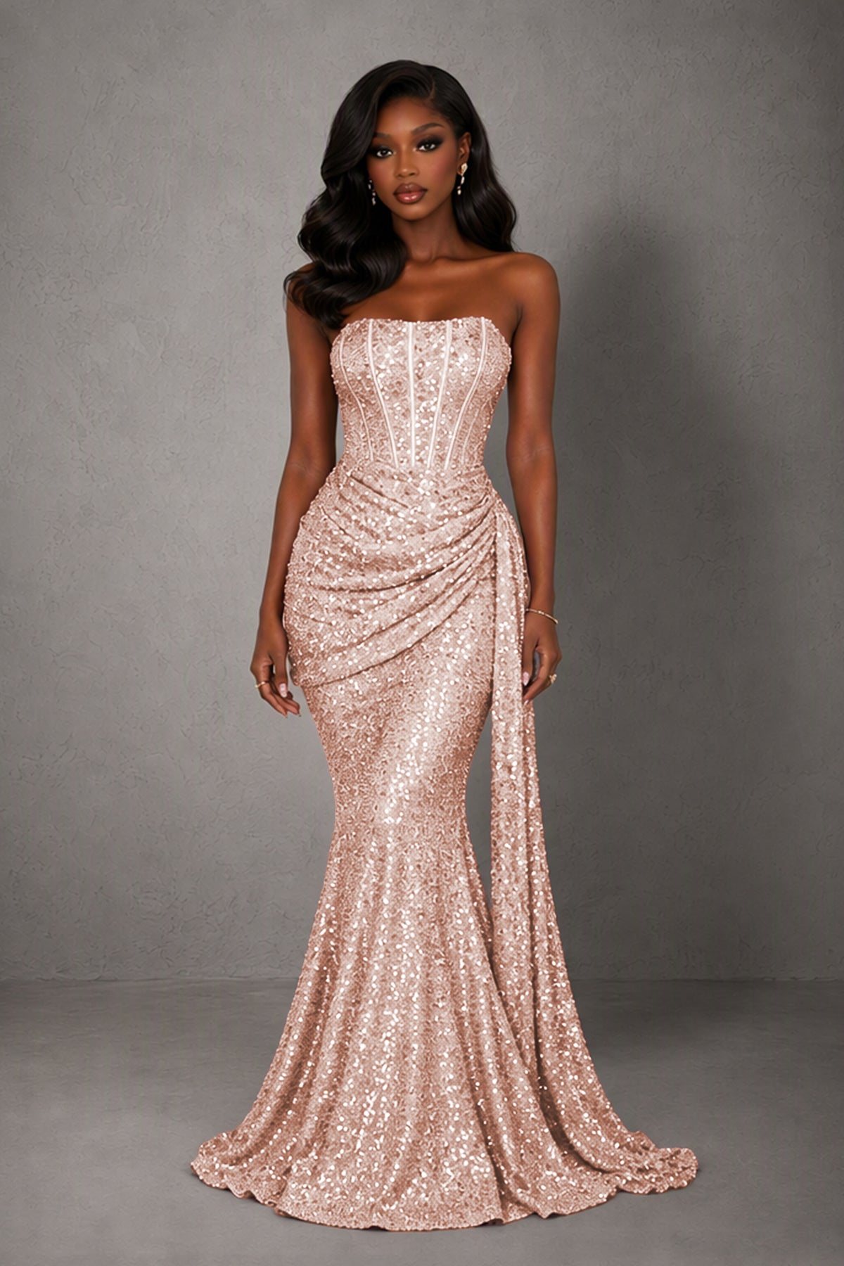 BOLODOO Rose Gold Sequin Strapless Corset Mermaid Evening Gown with Train - Rose Gold