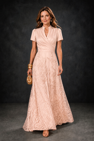 BOLODOO Rose Gold Satin Wrap V-Neck Short Sleeve Lace Glitter A-Line Floor Length Evening Gown – Formal Dress - Rose Gold