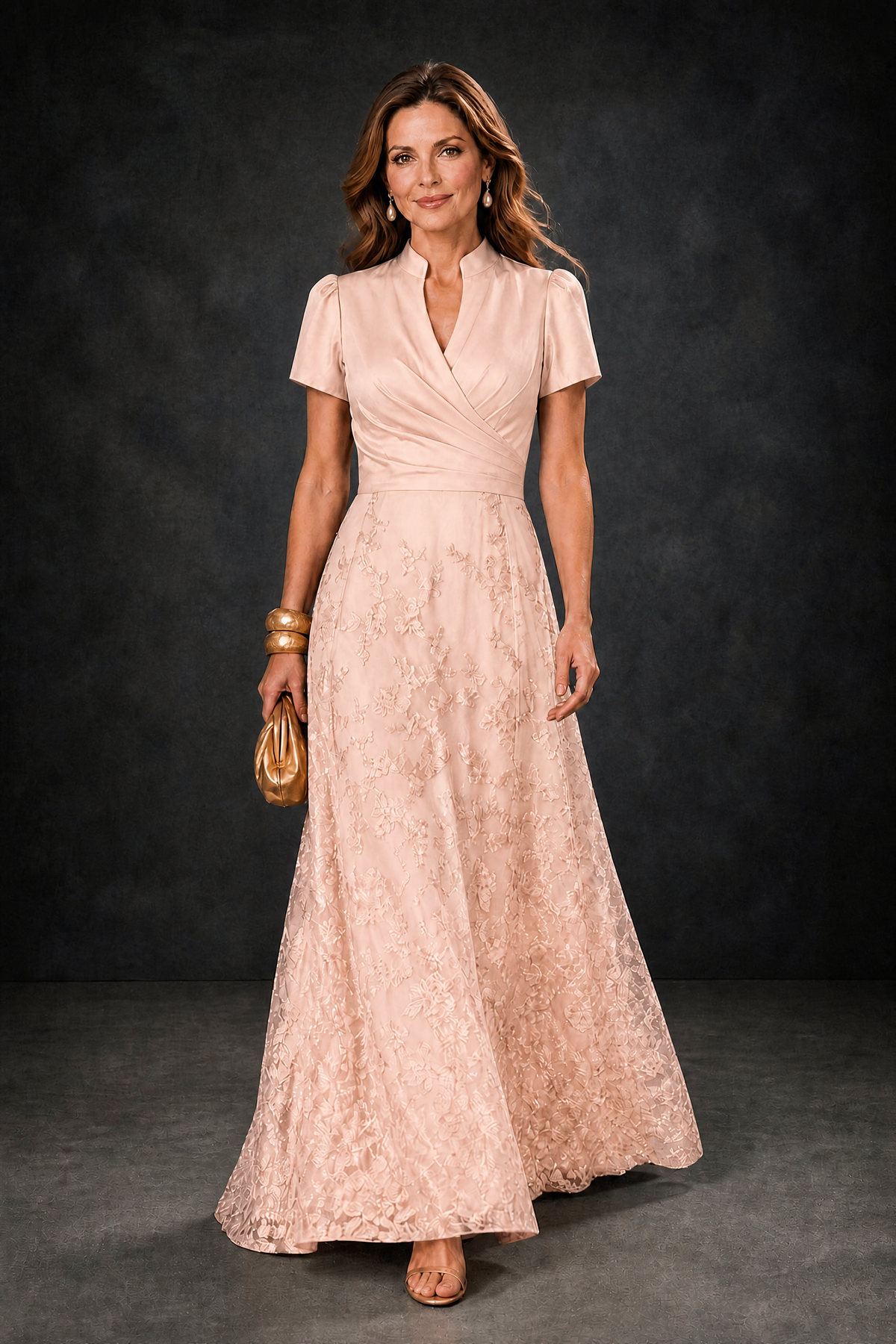 BOLODOO Rose Gold Satin Wrap V-Neck Short Sleeve Lace Glitter A-Line Floor Length Evening Gown – Formal Dress - Rose Gold