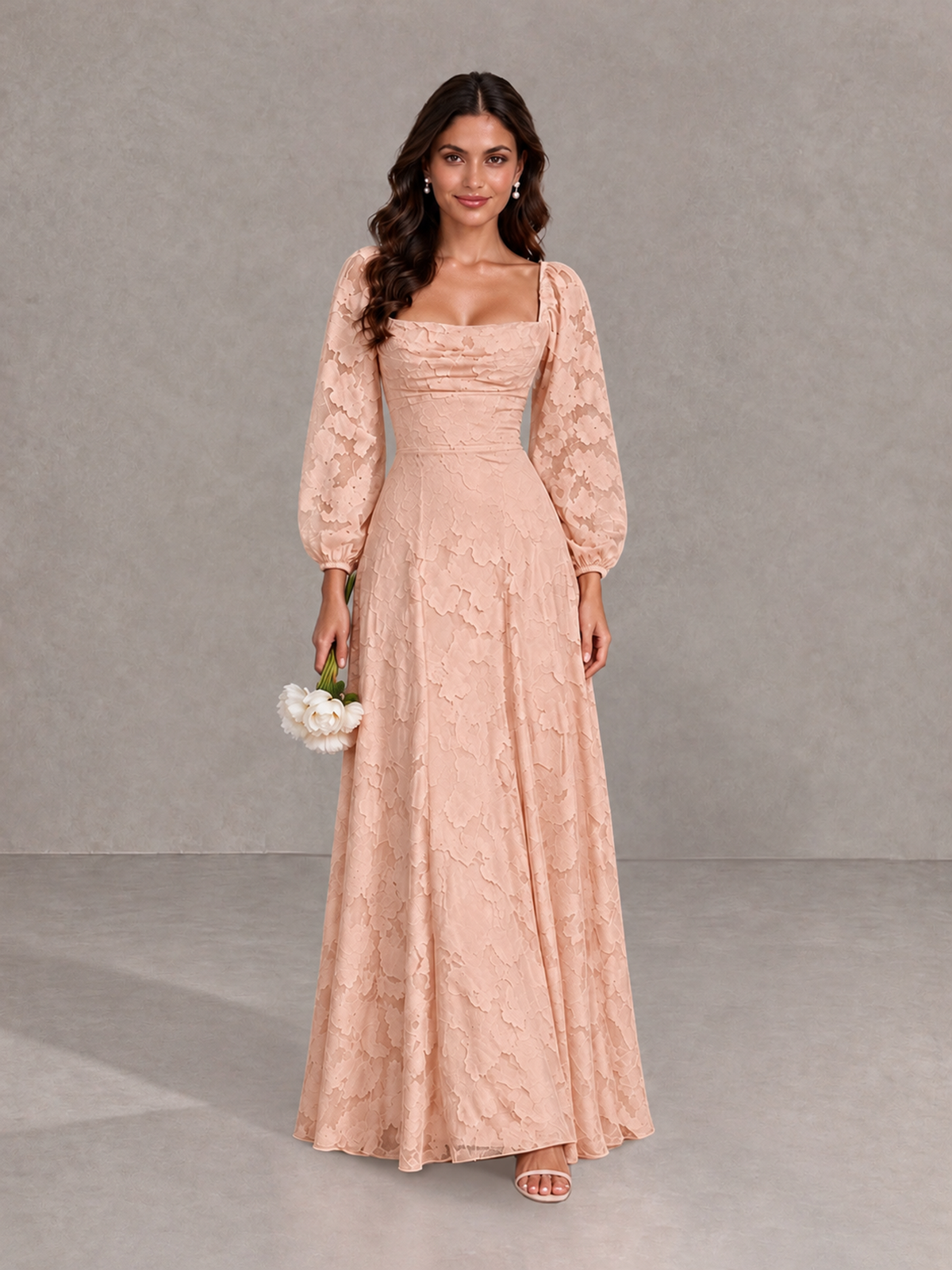 BOLODOO Rose Gold Floral Long Sleeve A-Line Bridesmaid Dress - Rose Gold - Rose Gold_1