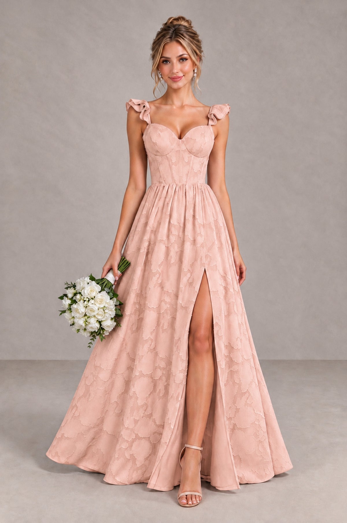 BOLODOO Rose Gold Floral A-Line Bridesmaid Dress with Slit Ruffle Straps Maxi Gown - Rose Gold - Rose Gold_1
