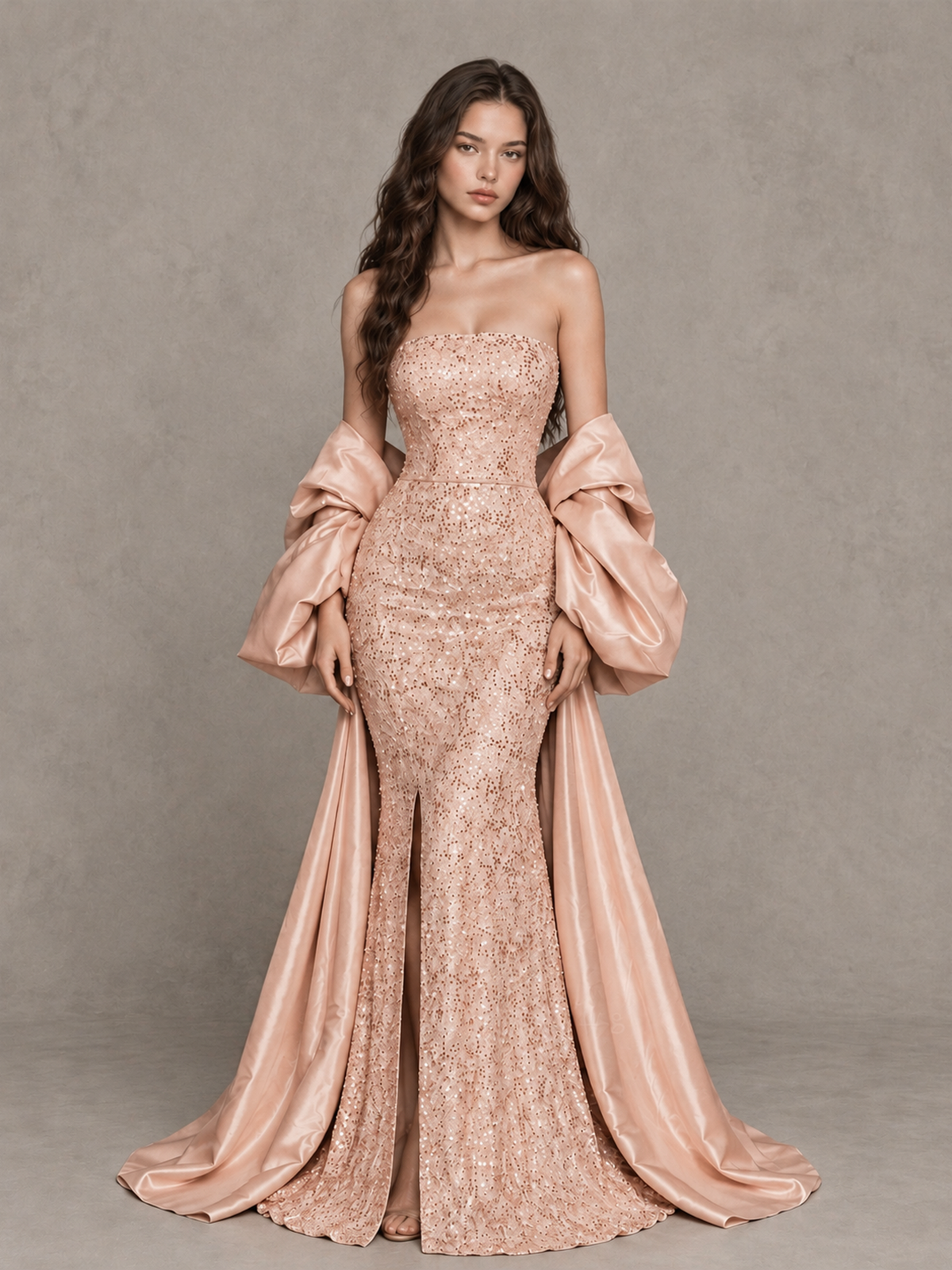 BOLODOO Rose Gold Strapless Sparkle Mermaid Prom Dress with Front Slit and Draped Sleeves - Rose Gold - Rose Gold_1