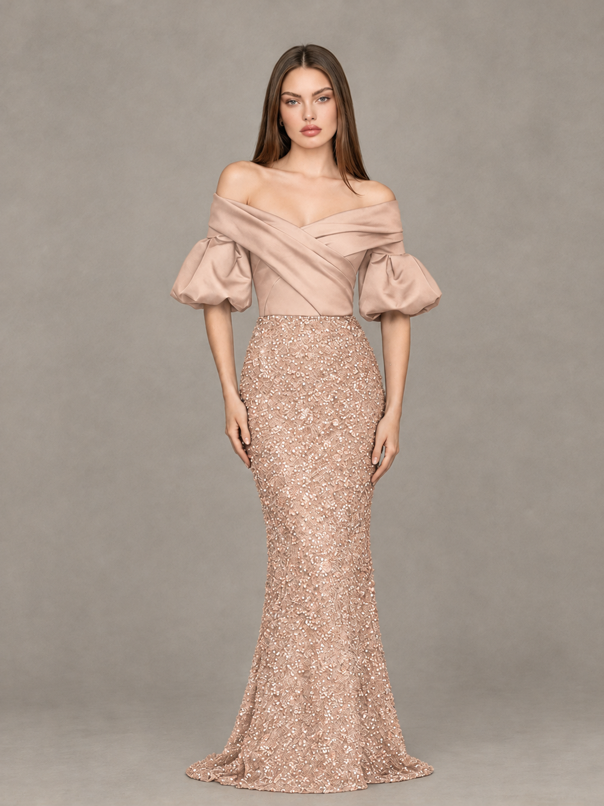 BOLODOO Rose Gold Off-Shoulder Puff Sleeve Sequin Mermaid Evening Dress - Rose Gold - Rose Gold_1