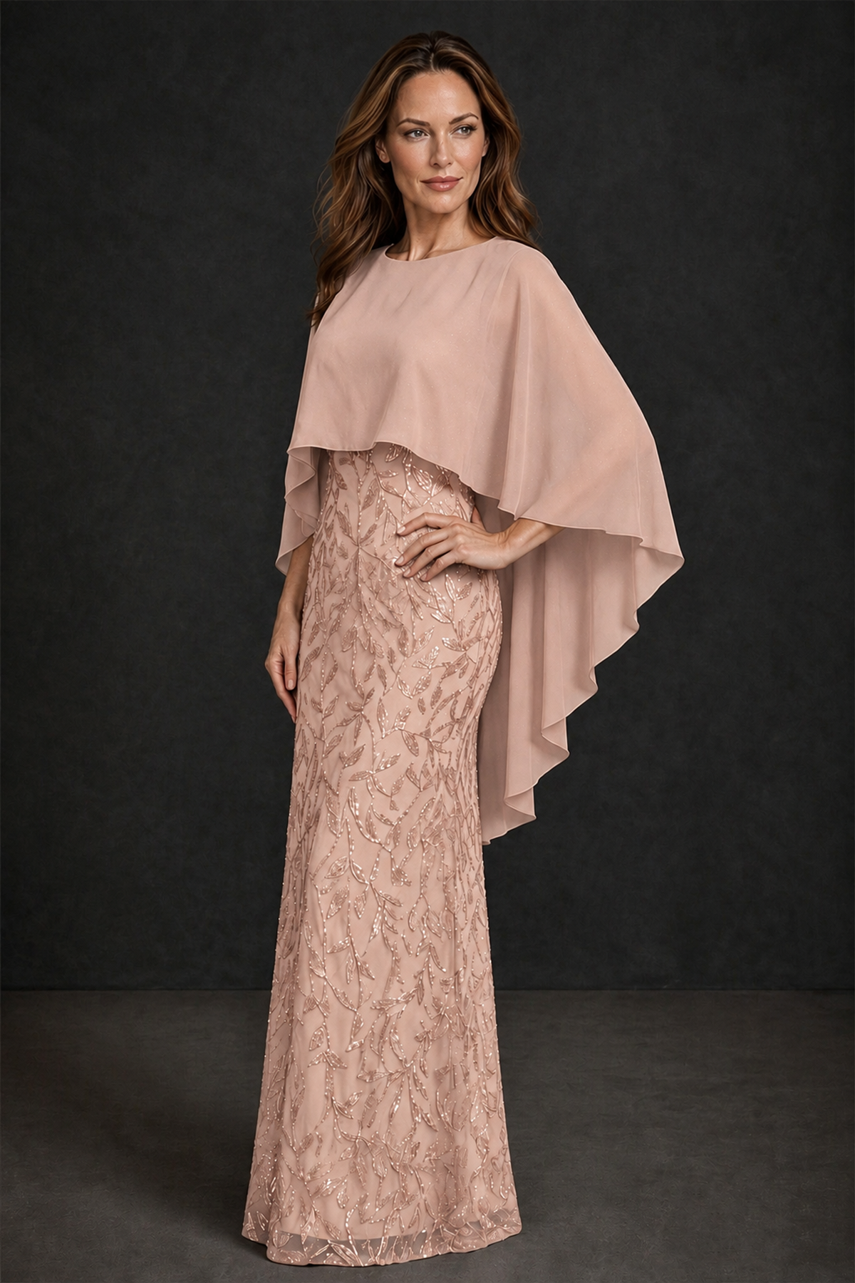 BOLODOO Rose Gold Round Neck Chiffon Cape Overlay Sequin Lace Mermaid Maxi Dress - Rose Gold - Rose Gold_1
