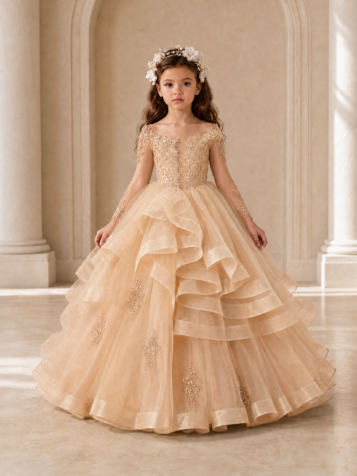BOLODOO Rose Gold Lace Long Sleeve Tiered Flower Girl Dress - Rose Gold - Rose_Gold_1
