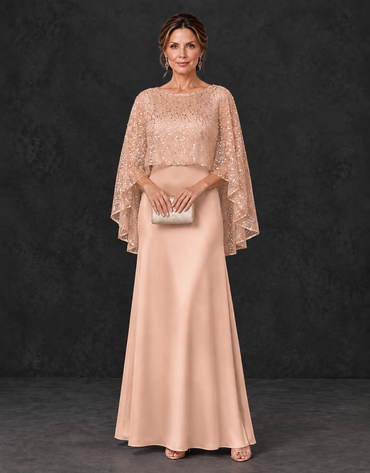 BOLODOO Rose Gold Sparkle Cape Sleeve Mother of the Bride Dress - Rose Gold - Rose_Gold_1