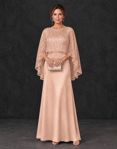BOLODOO Rose Gold Sparkle Cape Sleeve Mother of the Bride Dress - Rose Gold - Rose_Gold_1