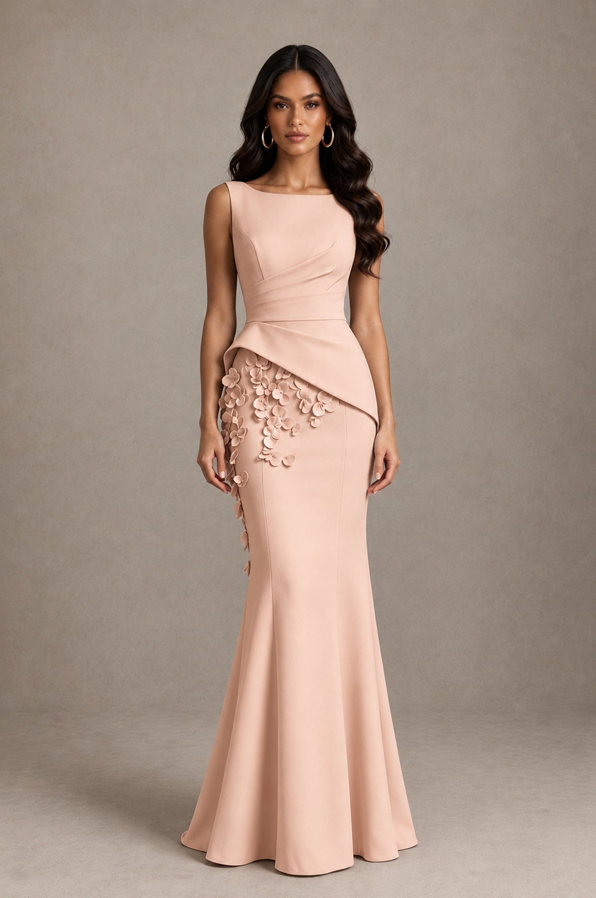 BOLODOO Rose Gold Bateau Neck Sleeveless Asymmetric Peplum 3D Petal Appliqué Mermaid Gown BD0421 - Rose Gold - Rose Gold_1