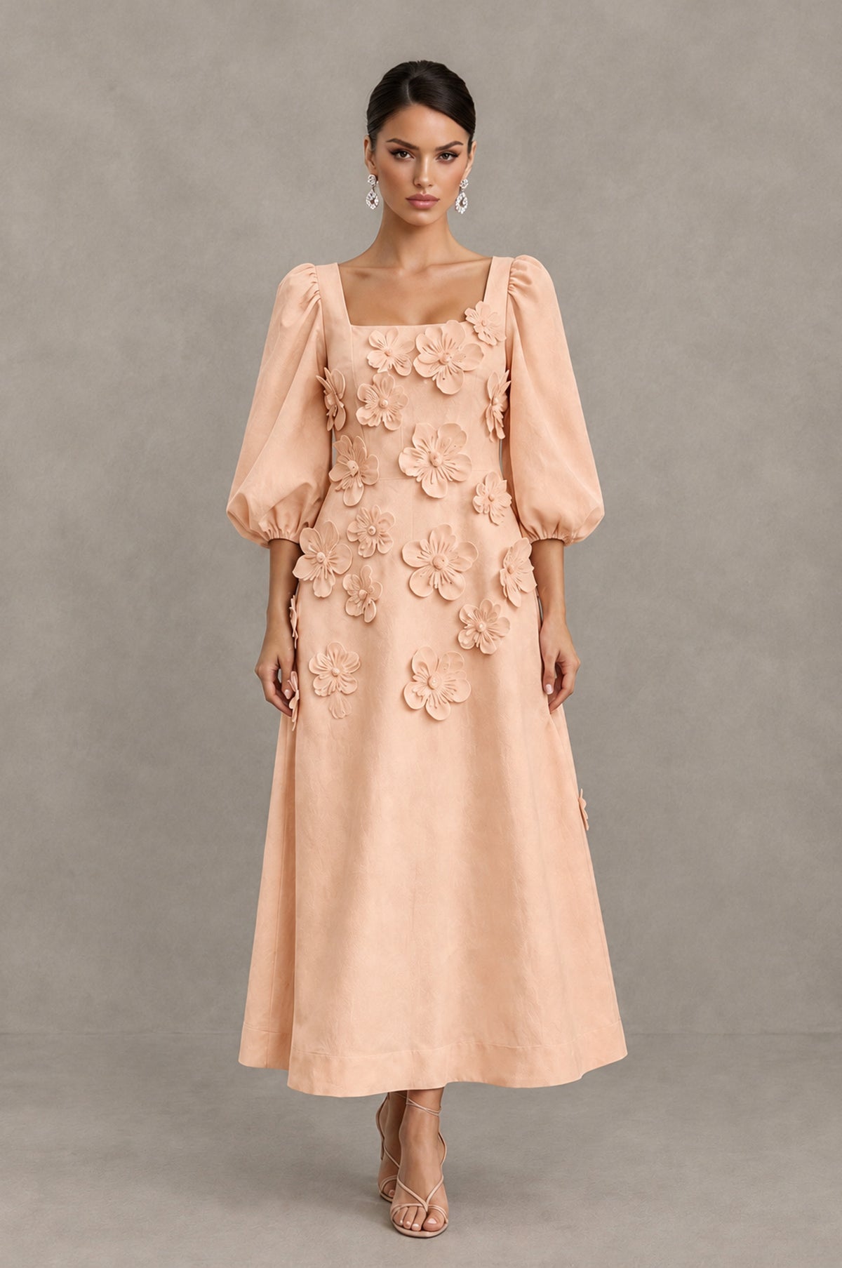 BOLODOO Rose Gold 3D Floral Puff Sleeve Midi Cocktail Dress - Rose Gold - Rose Gold_1