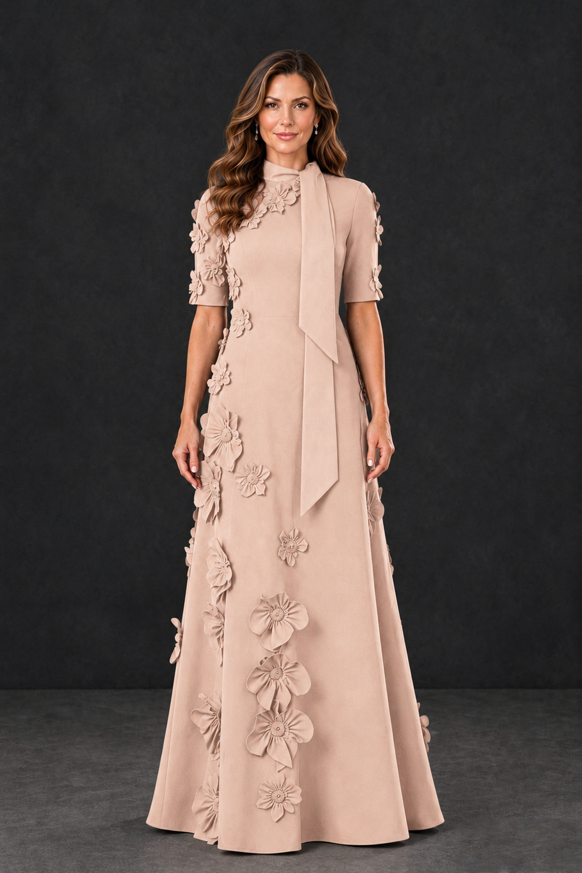 BOLODOO Rose Gold Floral Applique High-Neck Half-Sleeve Gown - Rose Gold - Rose Gold_1