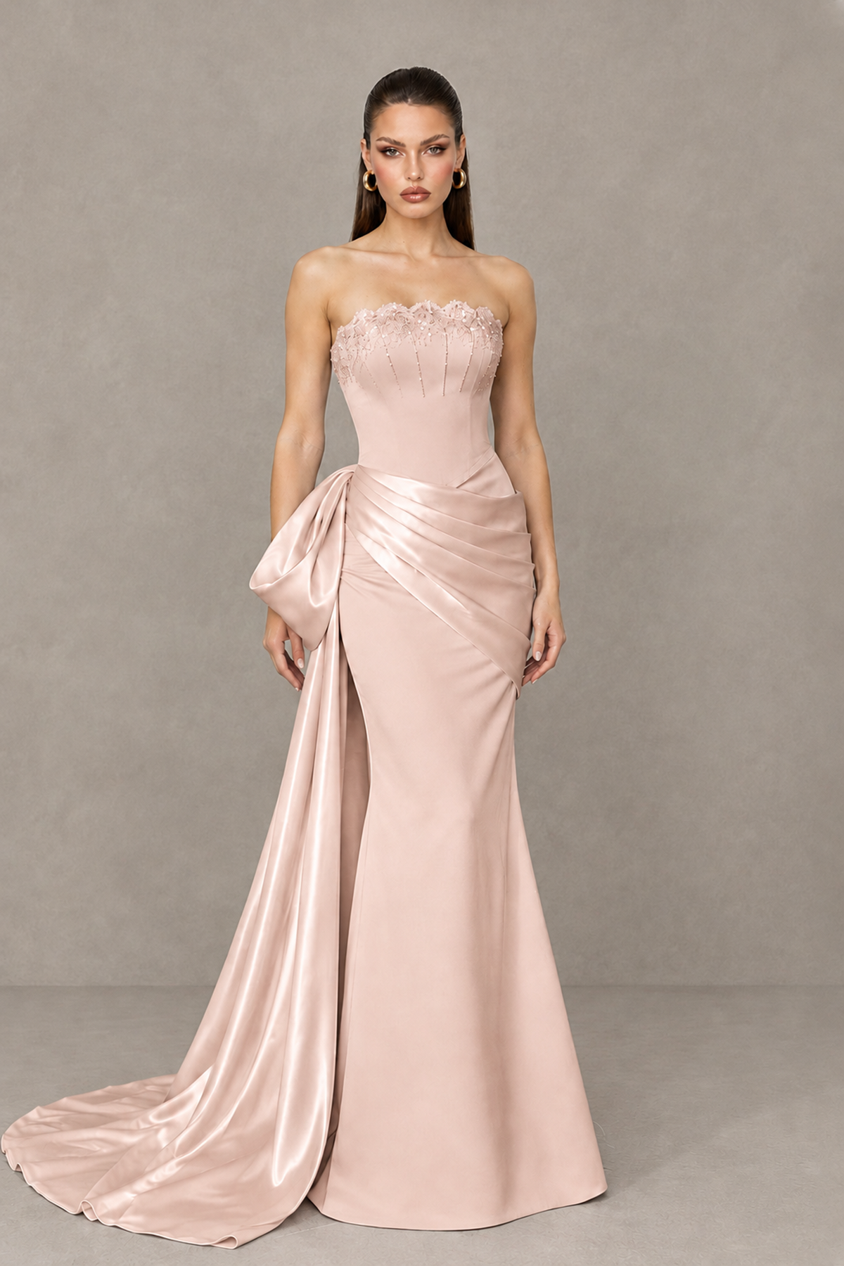 BOLODOO Rose Gold Strapless Satin Prom Dress with Draped Side Train - Rose Gold - Rose_Gold_1