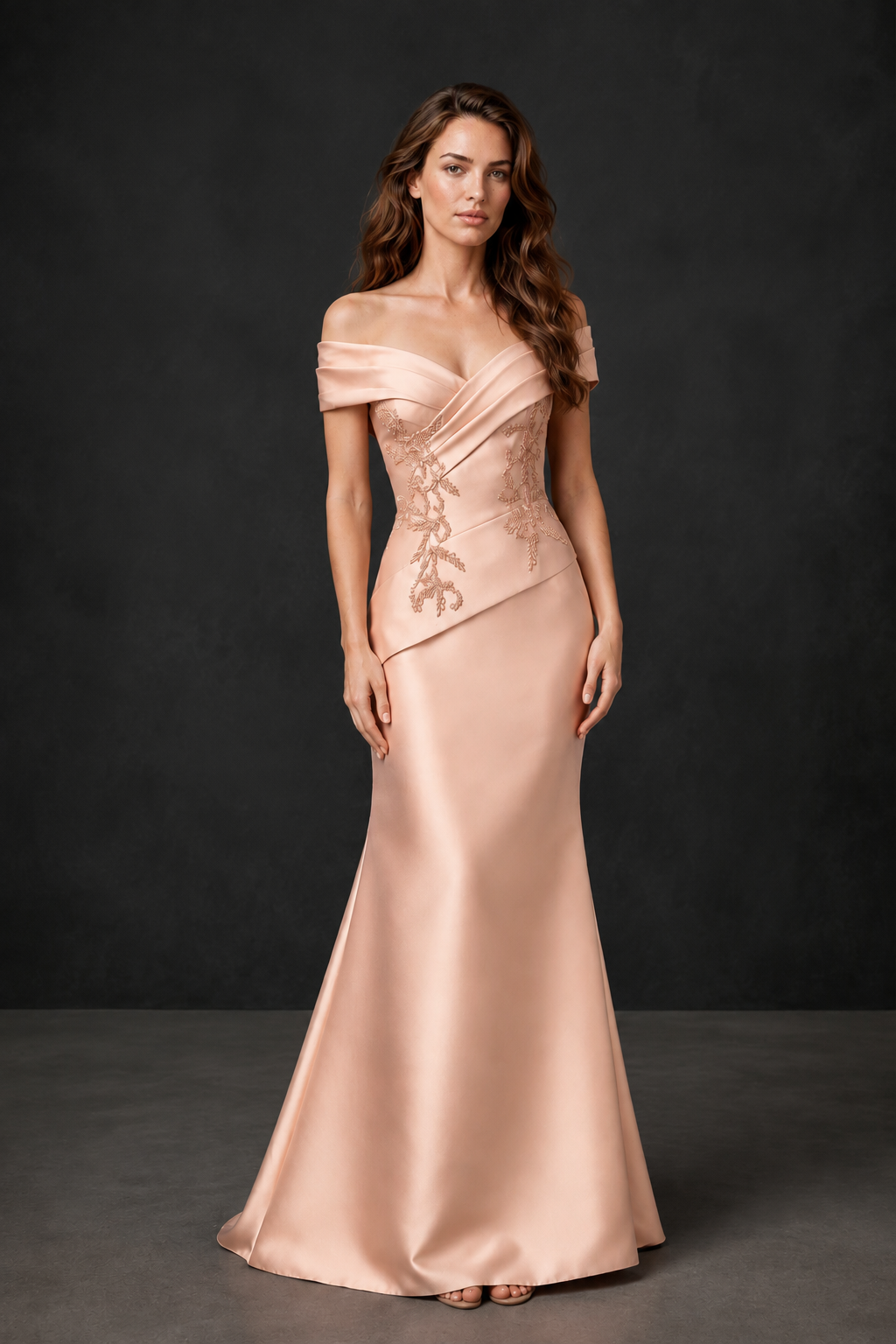 BOLODOO Rose Gold Satin Off-Shoulder Sweetheart Asymmetric Peplum Mermaid Gown with Rose Gold Floral Embroidery | MOB Evening Dress - Rose Gold