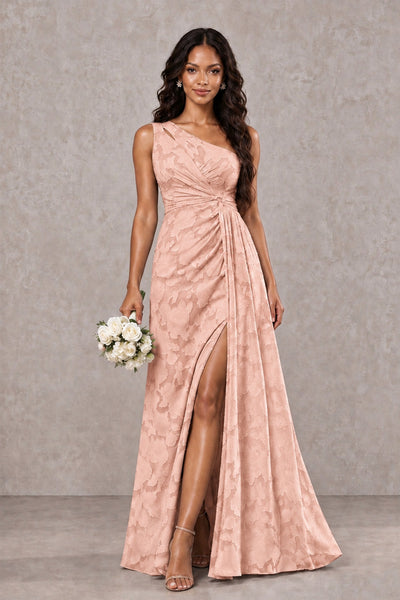 BOLODOO Rose Gold One-Shoulder Floral Textured Maxi Dress with High Slit - Rose Gold - Rose Gold_1