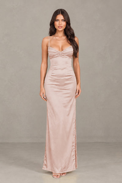 BOLODOO Rose Gold Satin Cowl Neck Open Back Mermaid Maxi Dress with Side Slit - Rose Gold